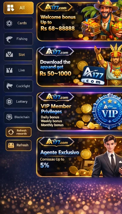 A177 app interface showing welcome bonus, VIP rewards, and game categories