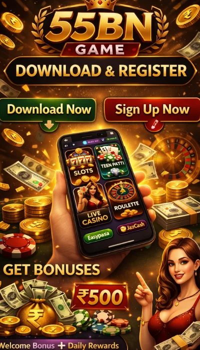 55BN Game promotional poster showing download, register, and bonus offers with casino icons, smartphone interface, and stacks of cash.