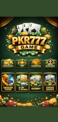 PKR777 Game dashboard interface with casino theme, green and gold design, game icons including Dragon Tiger, 7 Up 7 Down, Rummy, and Andar Bahar.