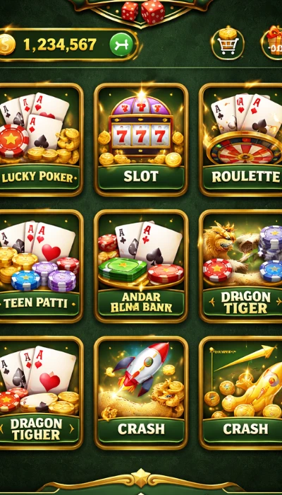 999 Done casino game dashboard with slot, poker, roulette, teen patti and crash options