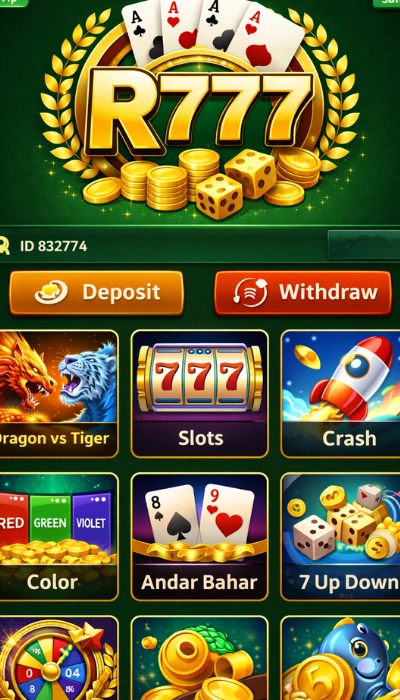 R777 game mobile dashboard with deposit and withdraw buttons and casino game icons