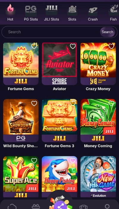 PKRSPIN casino app dashboard showing JILI, PG Slots, Aviator, and multiple slot games