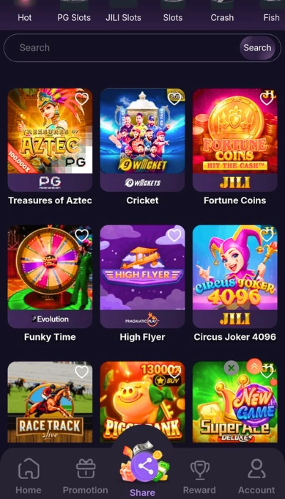 PKRSPIN casino app interface showing Treasures of Aztec, Cricket, Fortune Coins, and Funky Time games