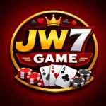 JW7 Game Casino Logo with Cards and Chips on Dark Red Background